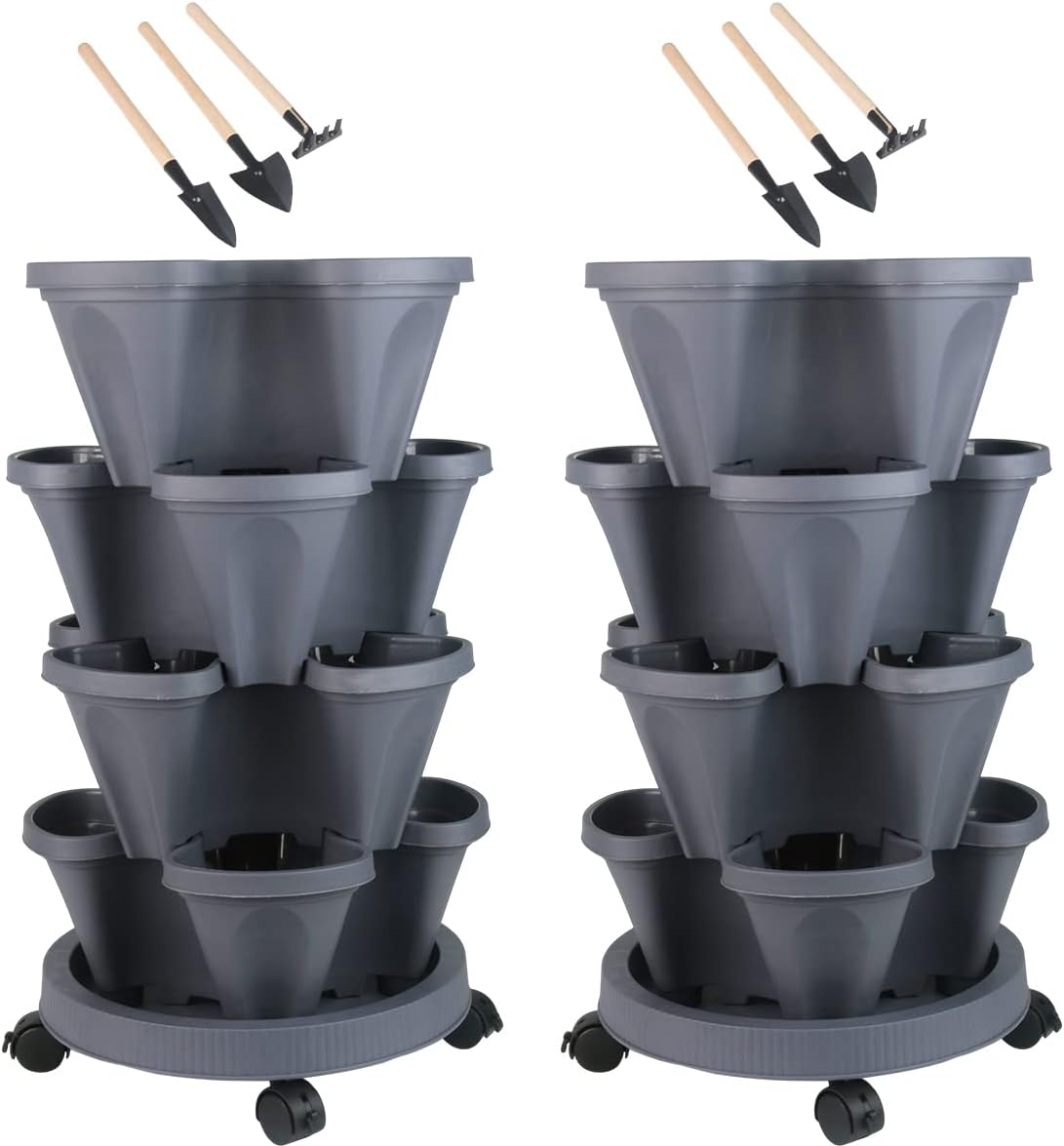 DUNCHATY Stackable Planter, Vertical Garden Planter with Wheels and Tools, Self Watering Strawberry