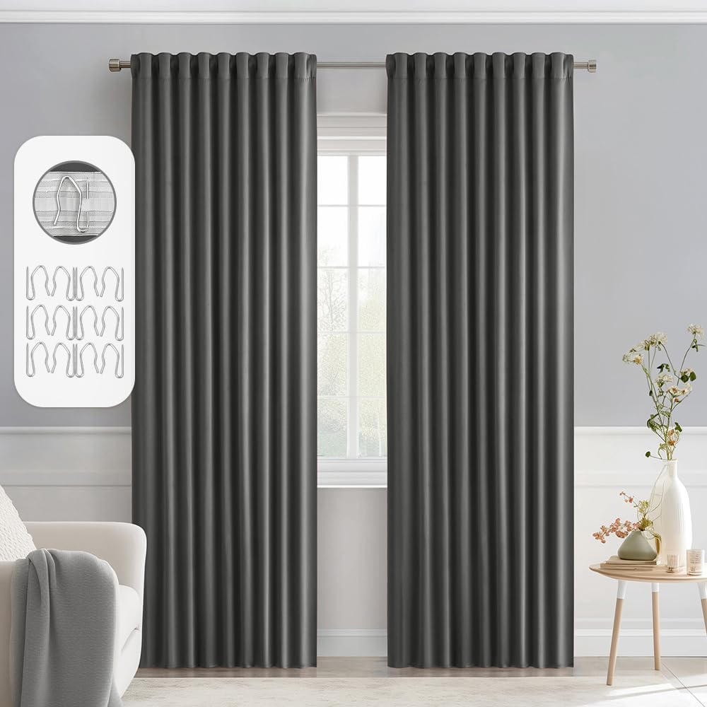 MIULEE Grey Back Tab Blackout Curtains 72 Inch Length 2 Panels Set for Living Room Bedroom Privacy