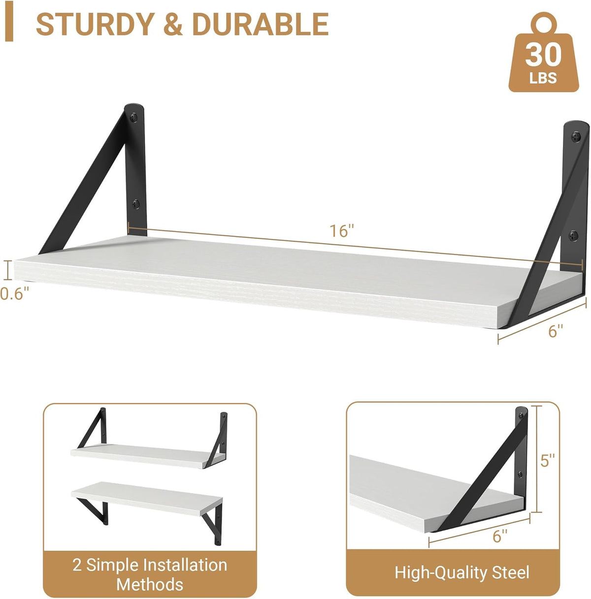 Heimlove Floating Shelves for Wall, 16 Inch Long Wood Floating Shelves Set of 3, Wall Mounted
