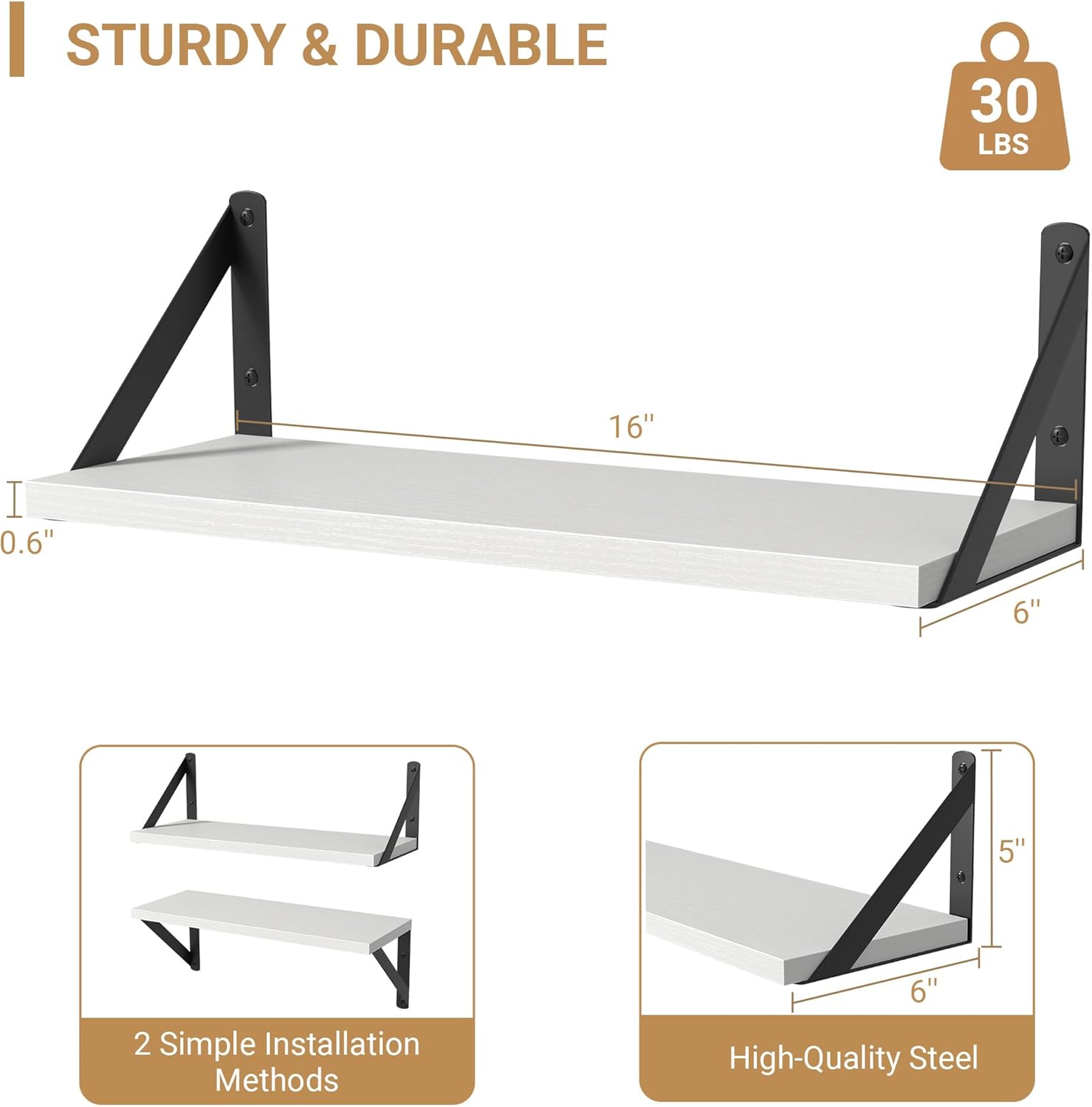 Heimlove Floating Shelves for Wall, 16 Inch Long Wood Floating Shelves Set of 3, Wall Mounted