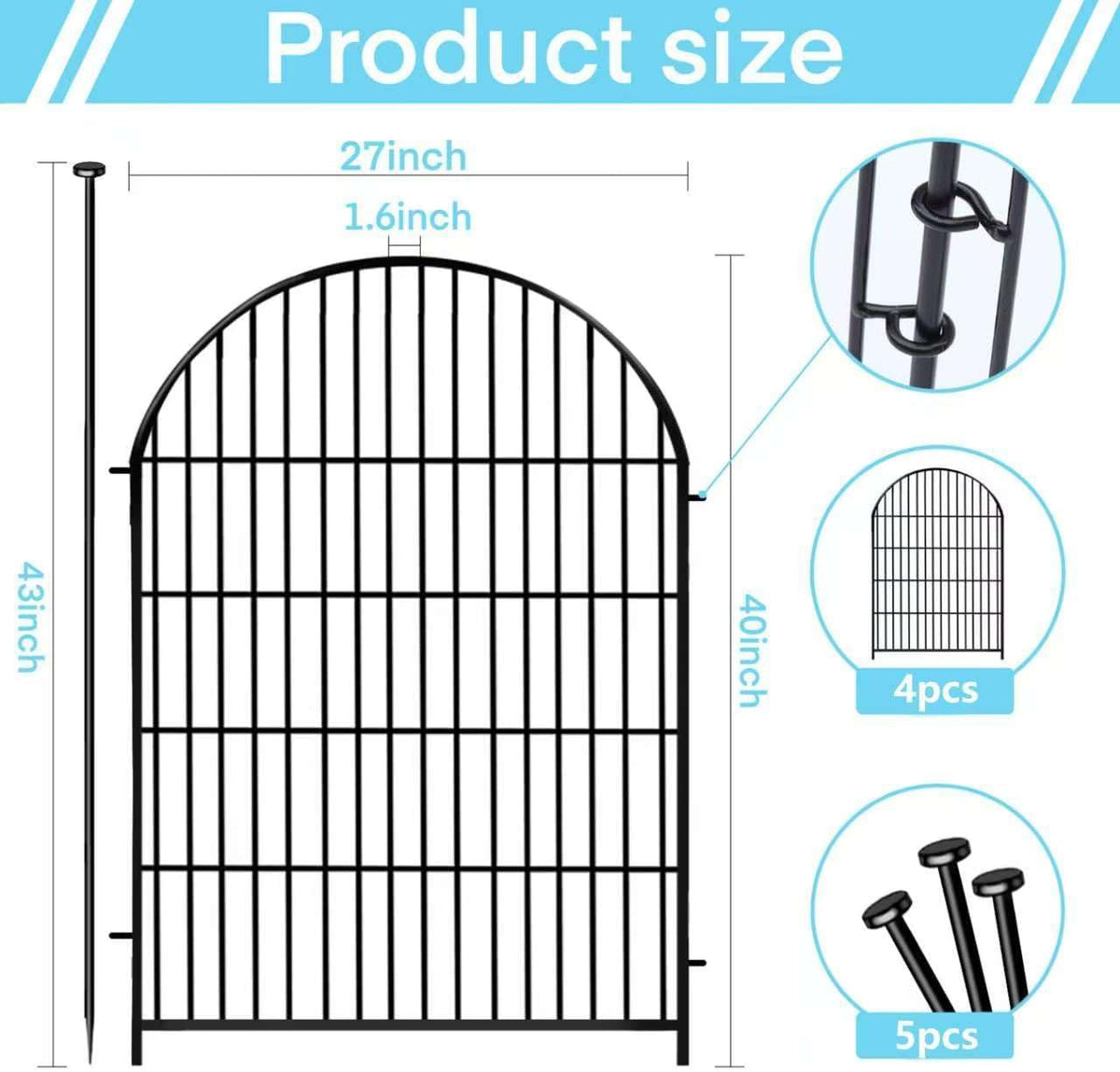 Tall Garden Fence with Gate, 4 Panels Fences for Dogs Outside, 40 in(H)x8.8 Ft(L) No Dig Animal