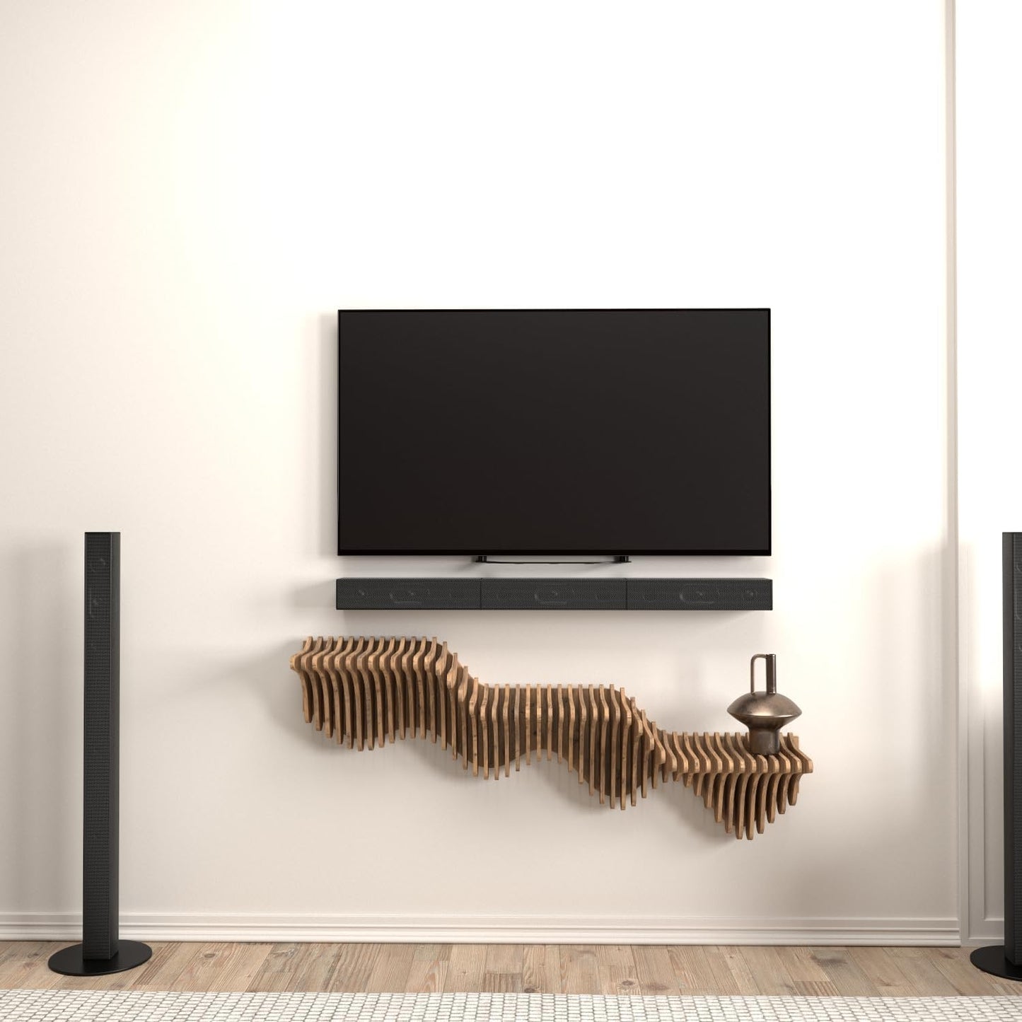 Parametric 40 inch Floating Shelf TV Unit Modern Geometric Wooden Wall Piece Decor Natural Oak