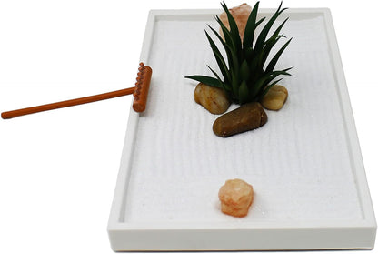 Nature's Mark Mini Zen Garden Kit for Desk with White Sand, Rake, White Base, Salt Rock and Air