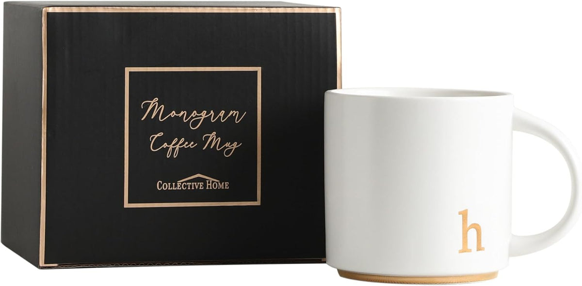 COLLECTIVE HOME - Monogram Ceramic Mugs, 15 oz Golden Initial Coffee Cups, Elegant Alphabet Tea