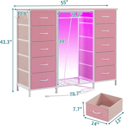 LUMTOK 2-in-1 Dresser with Hanging Rack, 10 Drawers Dresser for Bedroom,Dressers with Fabric