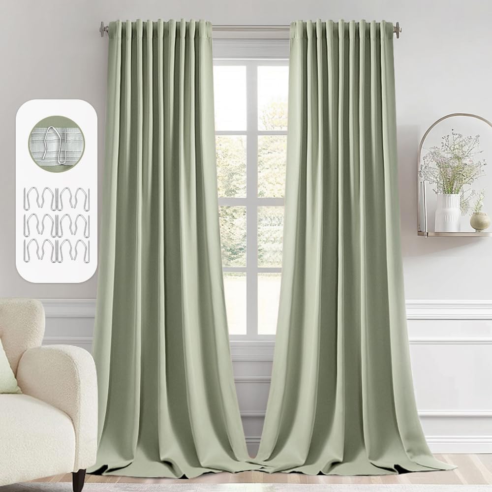 MIULEE Back Tab Sage Green Curtains 108 Inch Long 2 Panels Set for Living Room Bedroom Privacy, Rod