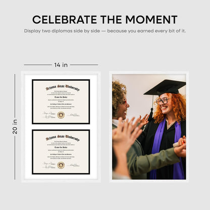 Homeforia 14x20 Double Diploma White Frame, High End Oak 14 x 20 Certificate Wood Frames with Mat