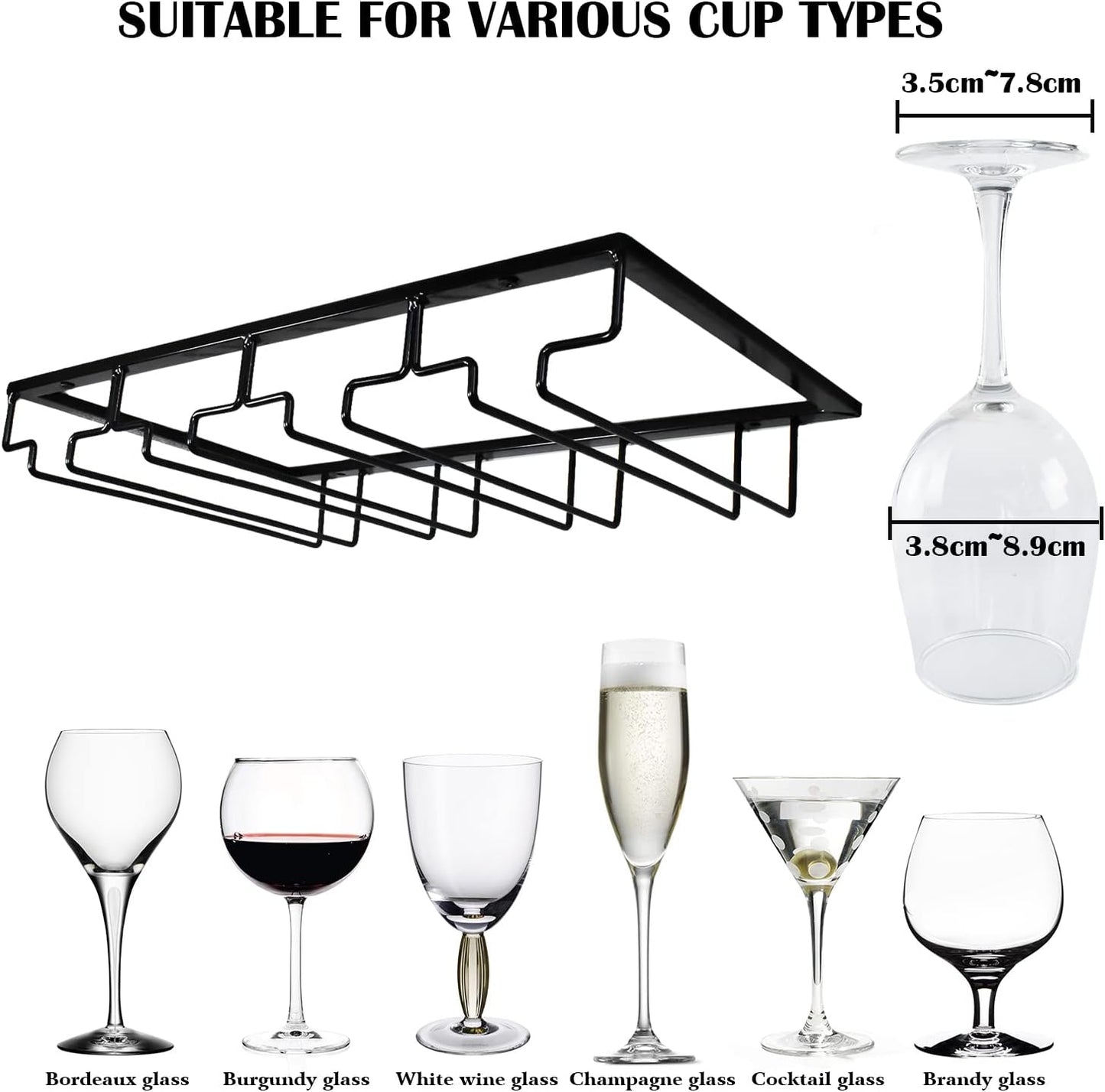 4 Rows Wine Glass Rack Under Cabinet Hanging Stemware Wine Glass Holder Under Shelf, 2 Packs Wire