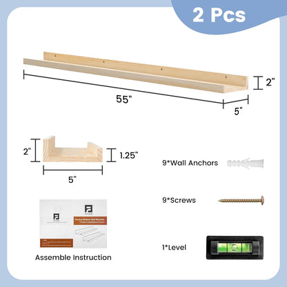 Picture Ledge Shelf, Floating Shelves Set of 2, Solid Pine Wood 55'' Long Large Nursery Book