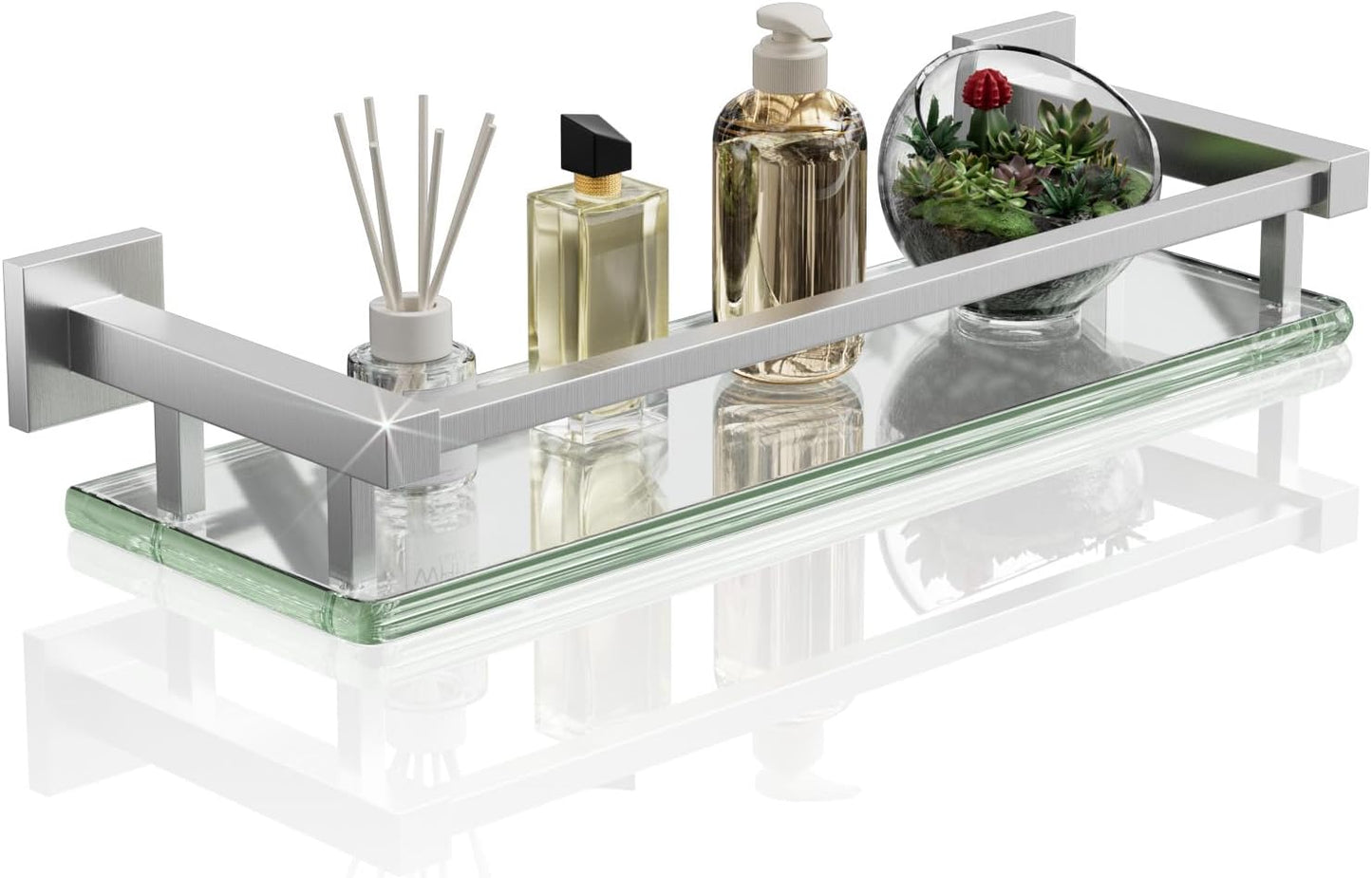 Alise Bathroom Glass Shelf with Stainless Steel Railing, Brushed Nickel Small Tempered Glass
