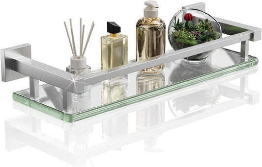 Alise Bathroom Glass Shelf with Stainless Steel Railing, Brushed Nickel Small Tempered Glass