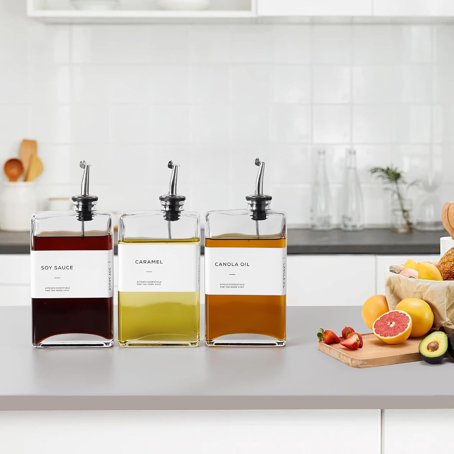 Olive Oil Dispenser Bottle for Kitchen, 3 Pack Glass Oil and Vinegar Dispenser Set, Elegant Book