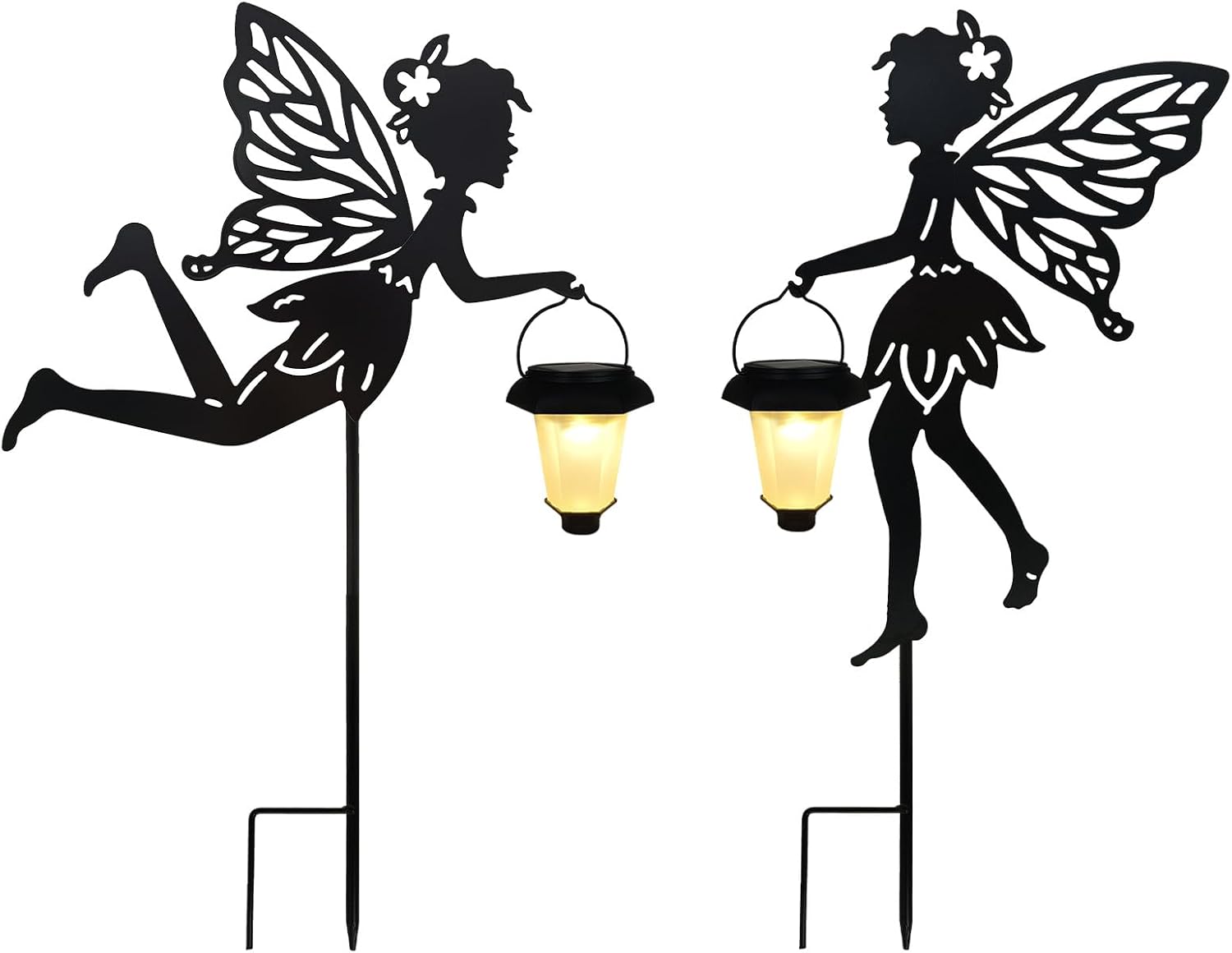Solar Fairy Garden Stake Decorative Lantern, 2 Pack Metal Fairy Angel Garden Silhouette Lights for