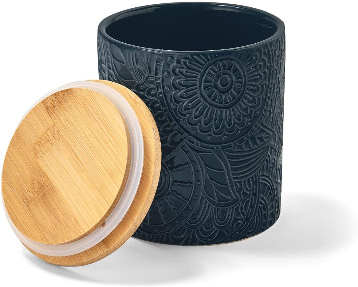 American Atelier Embossed Canister 4-Piece Ceramic Set Jar Container with Wooden Lids for Cookies