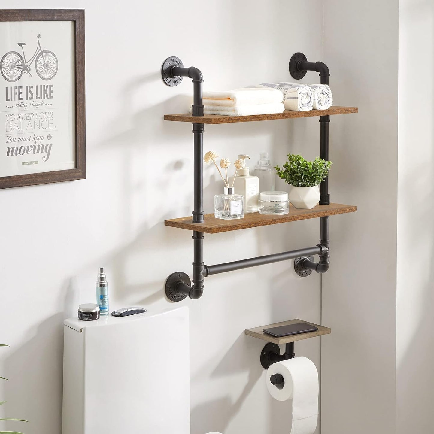 IBUYKE Pipe Floating Shelves,Rustic Iron 28.5 inches Industrial Pipe Shelf,2-Tier Wall Shelf with