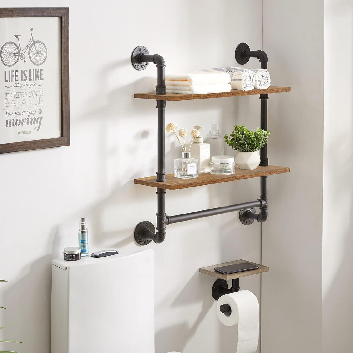 IBUYKE Pipe Floating Shelves,Rustic Iron 28.5 inches Industrial Pipe Shelf,2-Tier Wall Shelf with