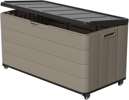 ZZM 110 Gallon Outdoor Deck Box with Wheels, Waterproof Resin Storage Cabinet for Patio Cushion and