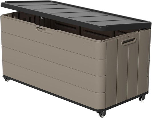 ZZM 110 Gallon Outdoor Deck Box with Wheels, Waterproof Resin Storage Cabinet for Patio Cushion and
