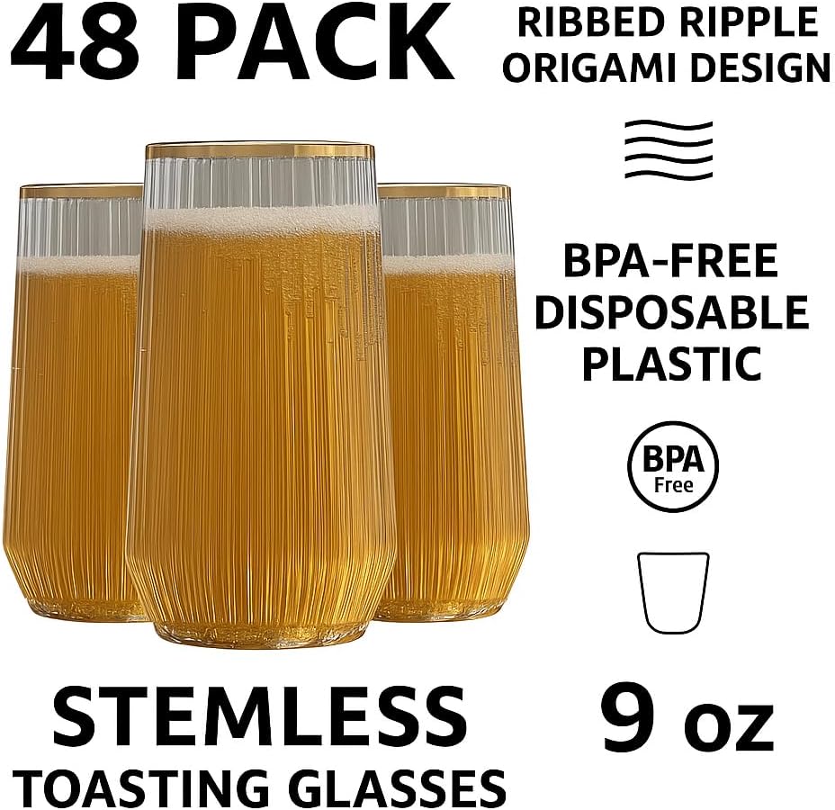 48 Pack Ribbed Ripple Stemless Toasting Glasses, Origami Durable 9 Oz BPA-Free Disposable Plastic