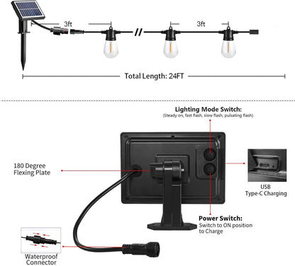 SUNTHIN 24ft Solar String Lights, USB Rechargeable Solar Outdoor Lights with Waterproof &
