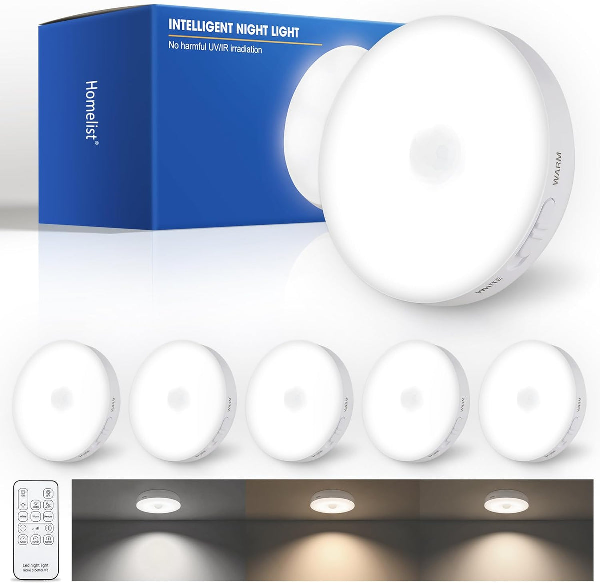 Homelist Upgraded Ultra Bright Motion Sensor Lights Indoor, 6 Pack Rechargeable Puck Light with