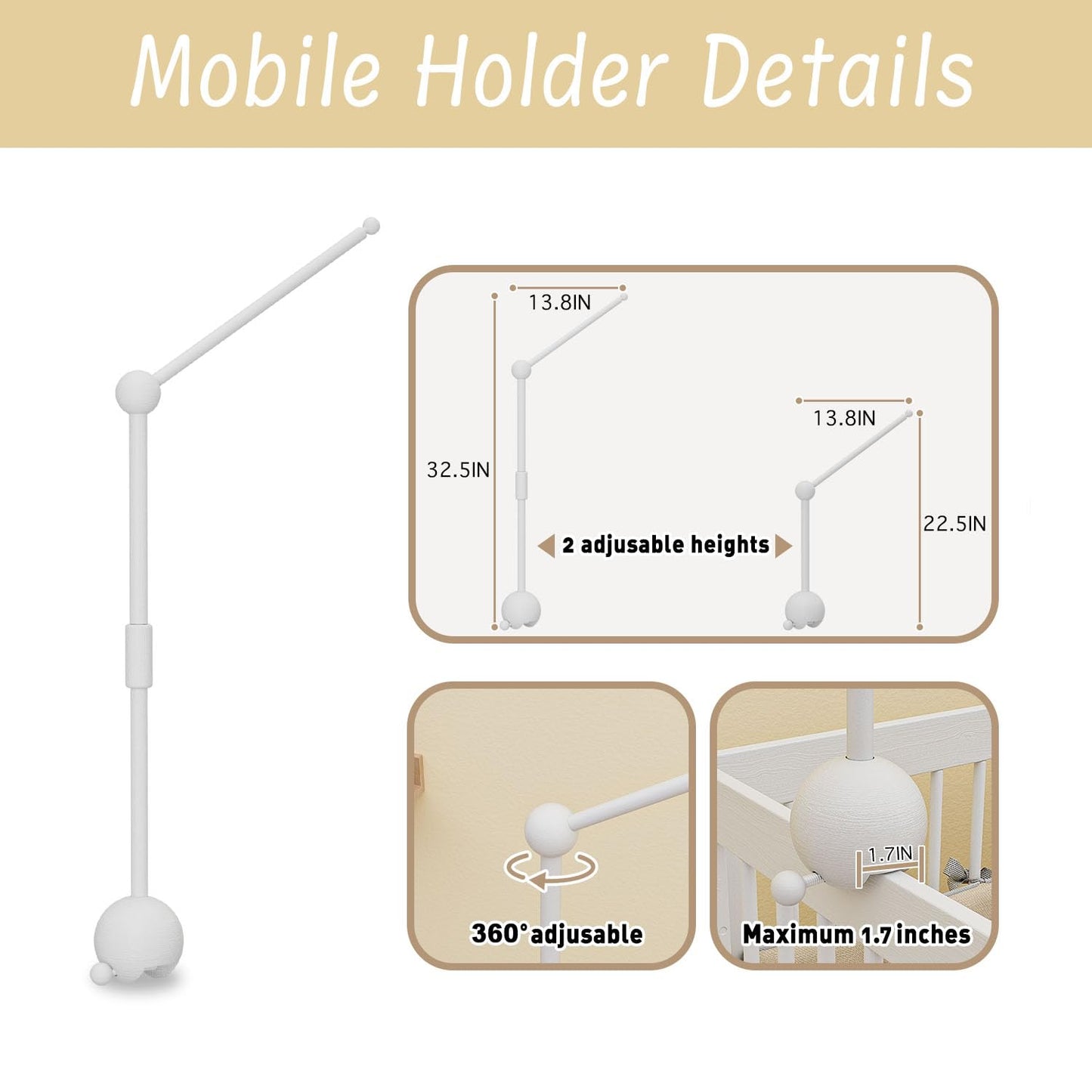 Crib Mobile Arm with Music Box,32.5 Inch White Crib Mobile Stand,Wooden Mobile Arm for Crib (2