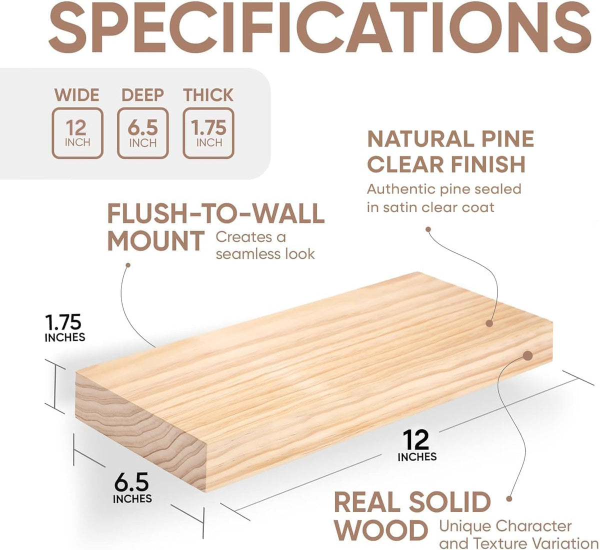Homeforia 12 inch Natural Floating Shelf, High End Solid Real Wood 12inch Small Floating Shelves