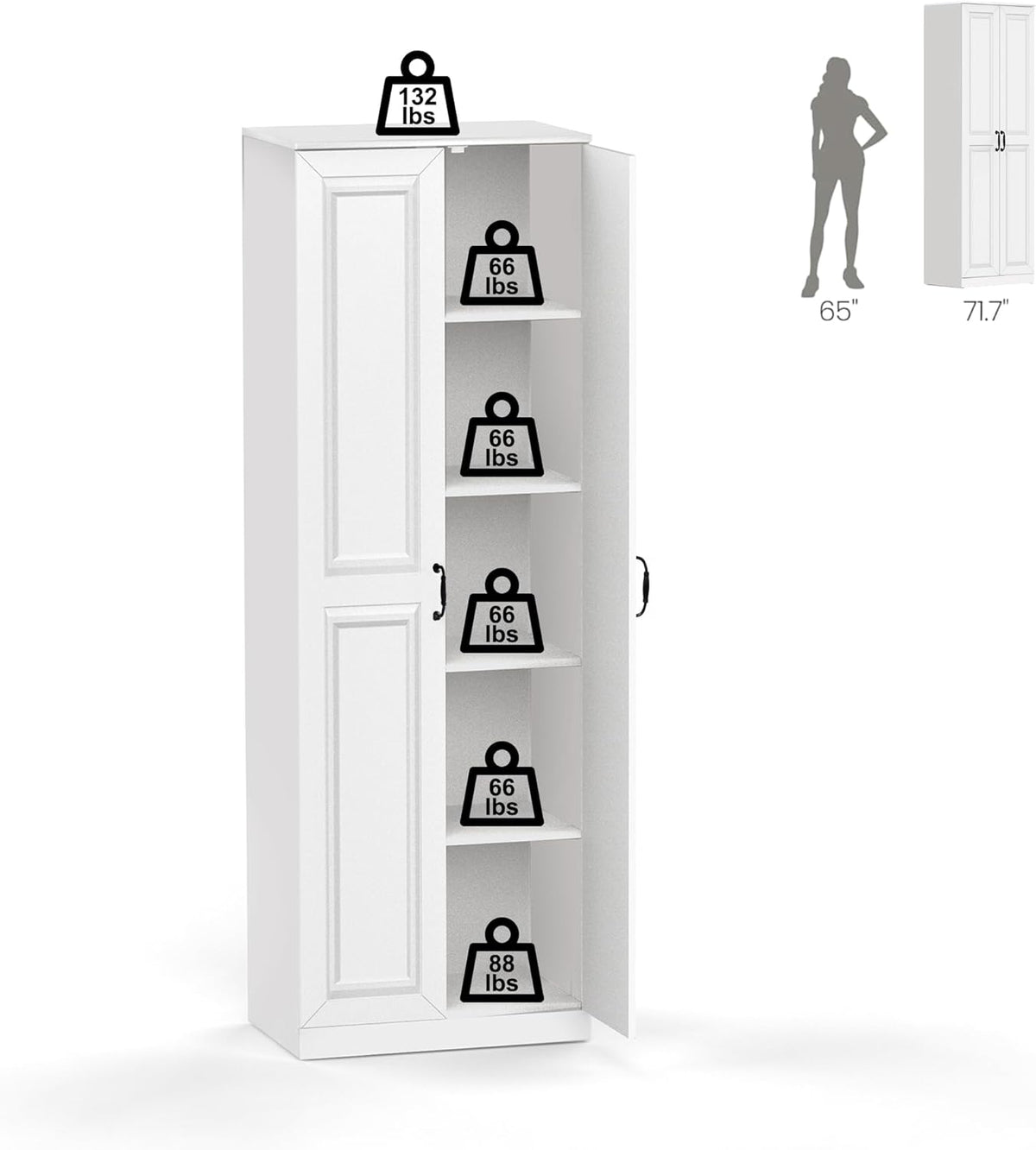 Storage Cabinet/Pantry cabinets, Soft White Finish, 71" Tall Wood Cupboard with 2 Door and 3