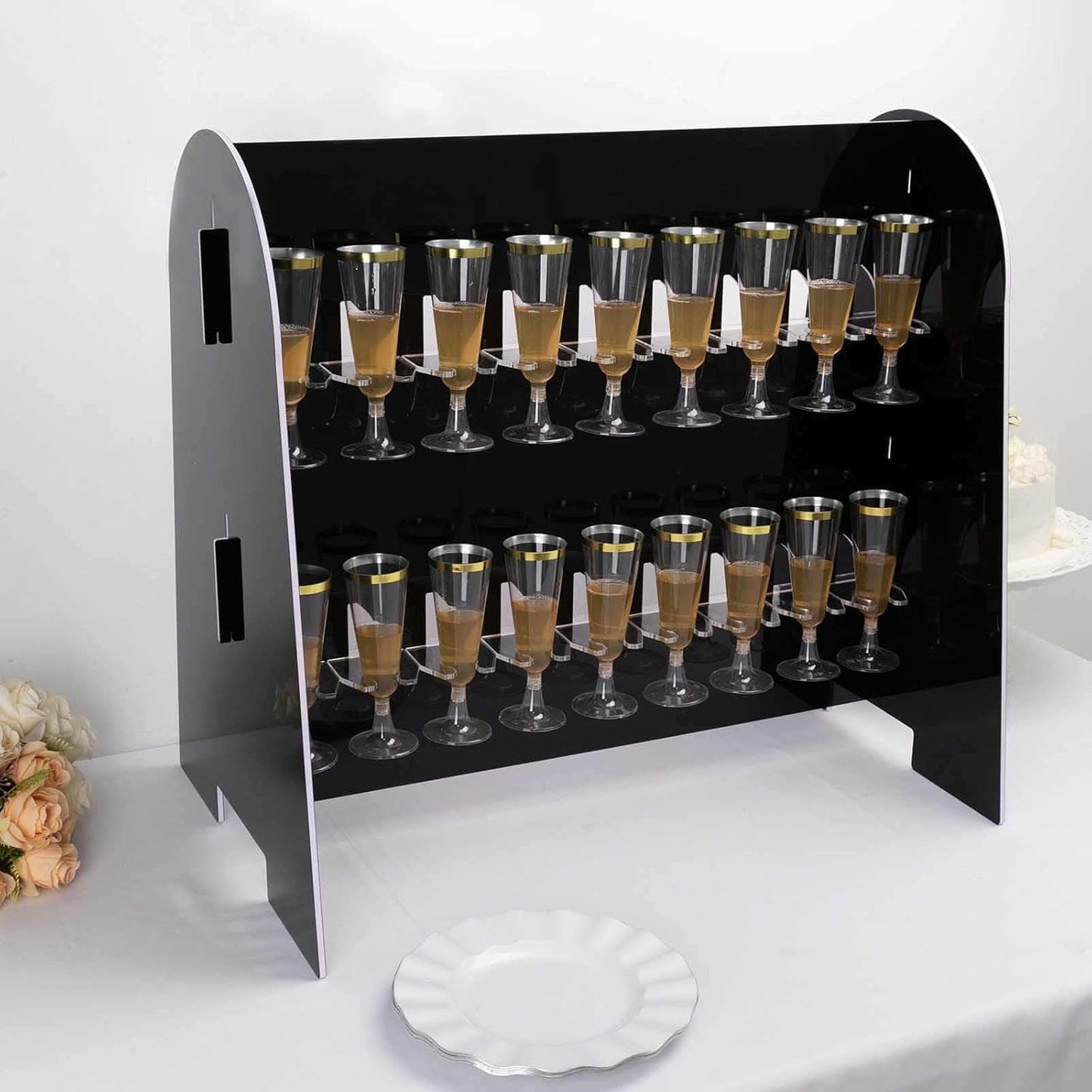Tableclothsfactory Black Mirror Finish 2-Tier Wine Glass Stemware Rack, 18 Champagne Flute Holder