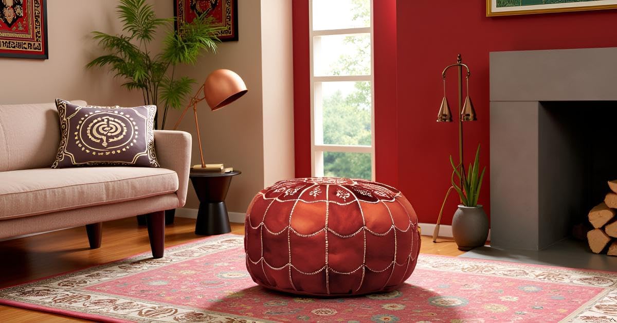 Stuffed Arch Design Moroccan Leather Pouf Ottoman, Handmade, Pre-Filled, 100% Genuine Leather, 14”