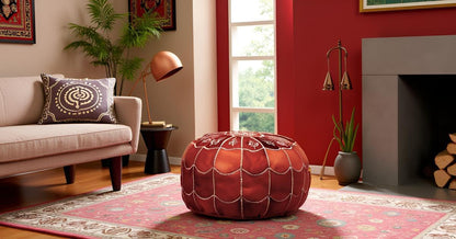 Stuffed Arch Design Moroccan Leather Pouf Ottoman, Handmade, Pre-Filled, 100% Genuine Leather, 14”