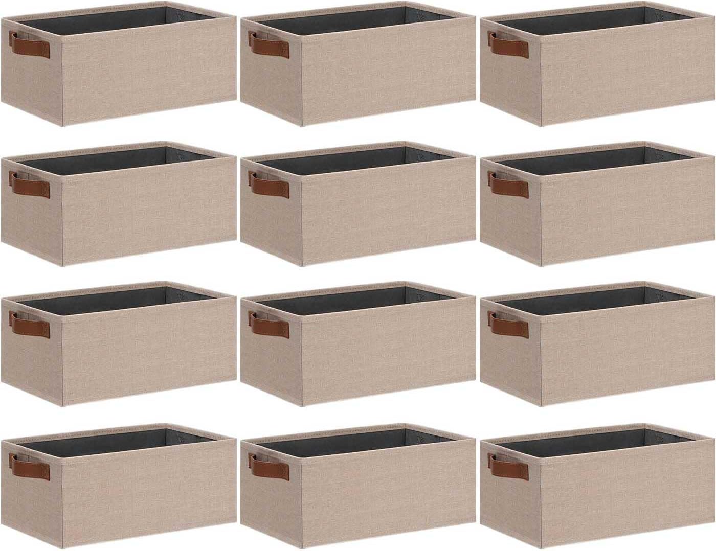 GhvyenntteS Small Fabric Storage Bins 12 Pack, 11.8" x 7.87" x 5.11" Storage Basket with Leather