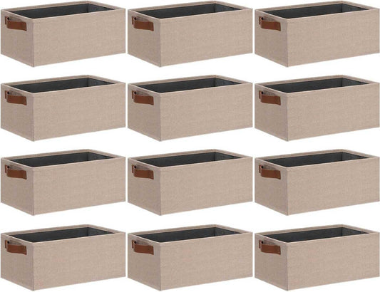GhvyenntteS Small Fabric Storage Bins 12 Pack, 11.8" x 7.87" x 5.11" Storage Basket with Leather