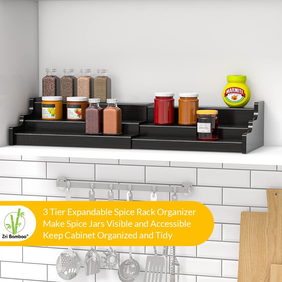 Spice Rack Organizer For Cabinet - 3 Tier Black Bamboo Wooden Expandable Display Shelf from 12.70