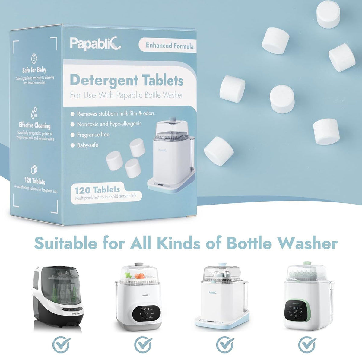 Papablic 120Pcs Official Detergent Soap Tablets for Baby Brezza,GROWNSY,Momcozy Bottle Washer Pro