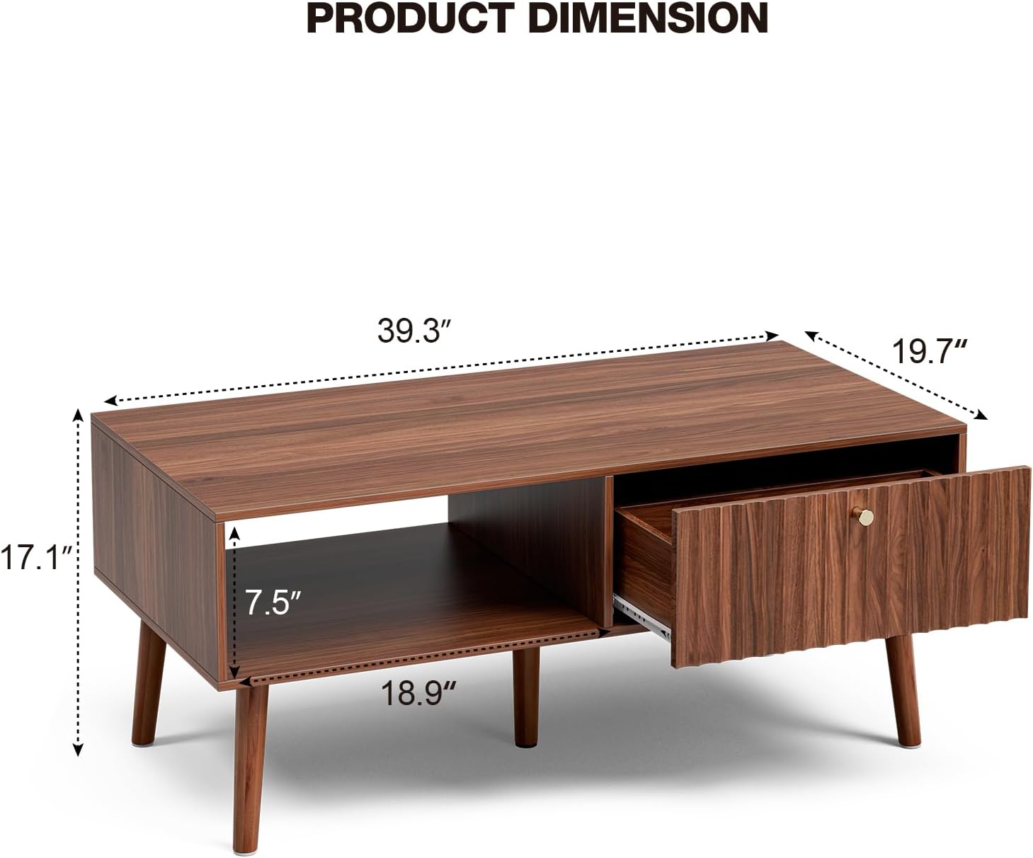 Coffee Table with Storage, Mid Century Dining Table with Fluted Drawer and Solid Wood Legs, Small