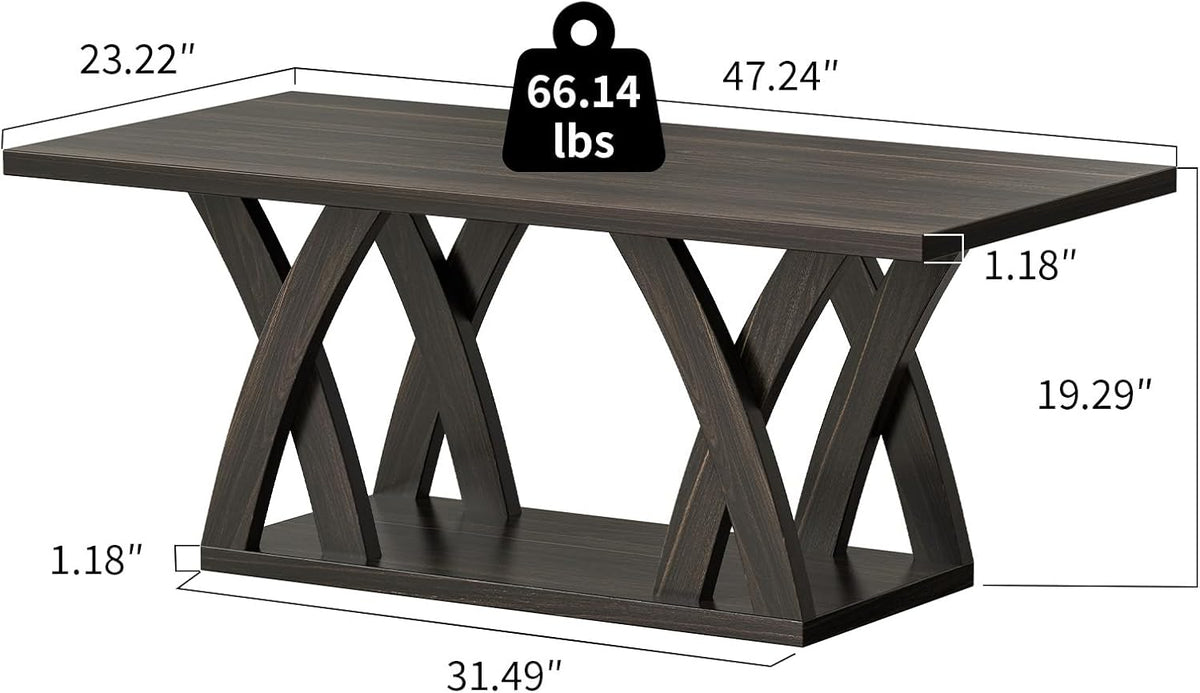 47” Wood Coffee Tables for Living Room Rustic Stands with Storage Shelf Brown Coffee Tables for