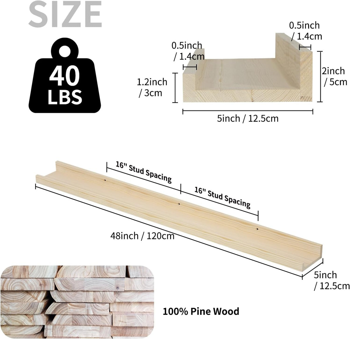 SAUMONIERES Picture Ledge Shelf Floating Book Shelves Set of 2 Wall Mounted Solid Wood for Bedroom