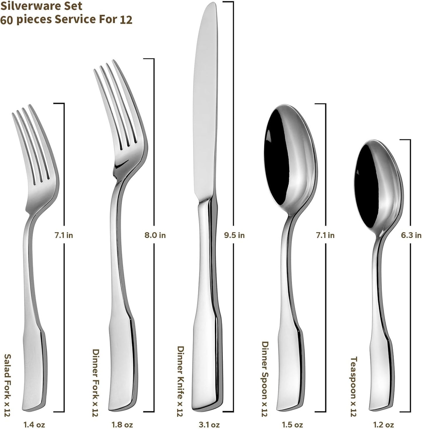 Alata Kate 60-Piece Silverware Set Stainless Steel Flatware Set,Service for 12,Mirror Polished