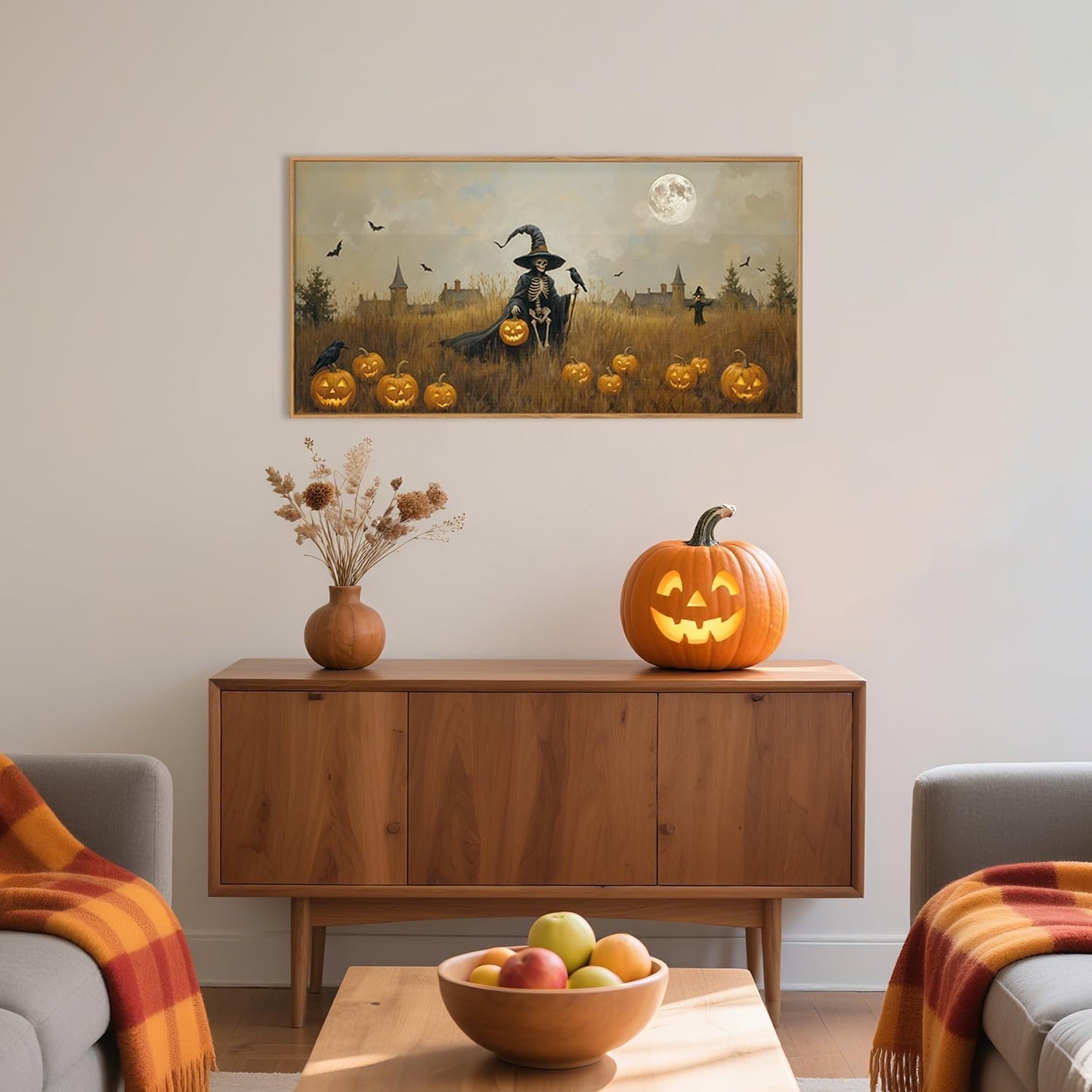 Celestdeco Halloween Ghost Reaper Framed Wall Art Set, Scary Witchy and Pumpkin Wall Decor, Horror