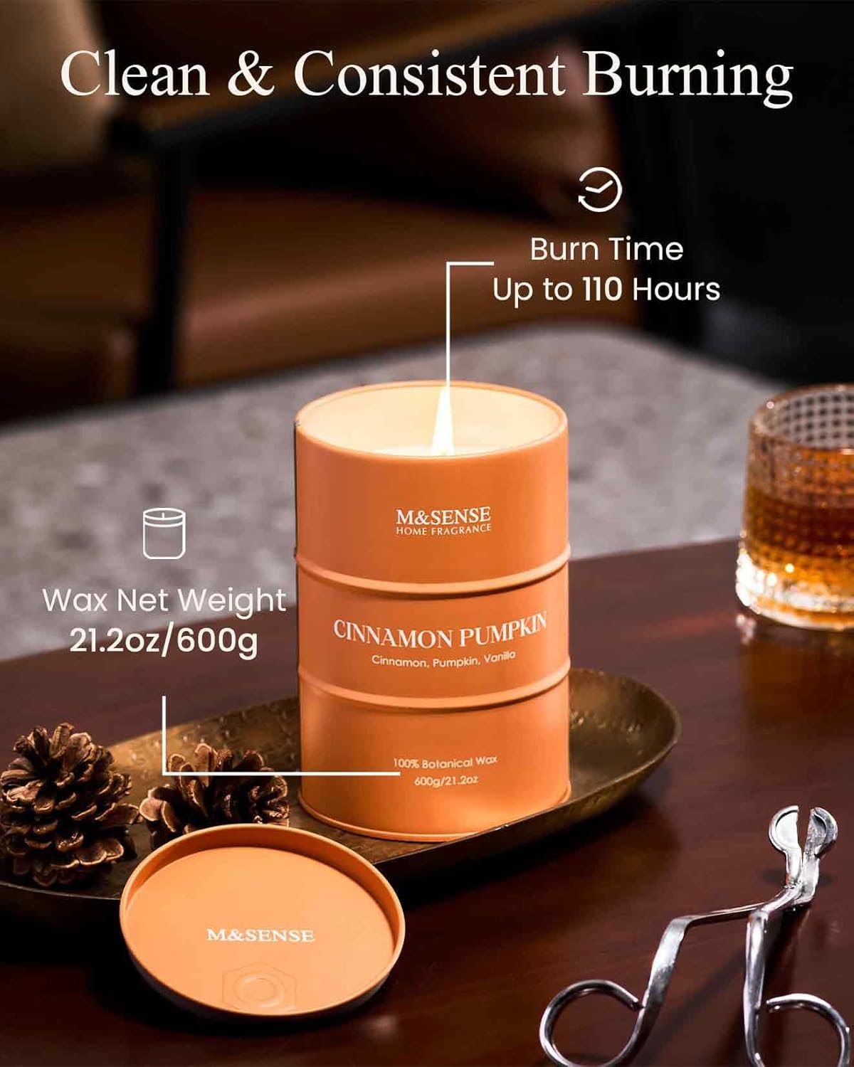 M&SENSE Cinnamon Pumpkin Scented Candles Large, Natural Soy Candles 21.2oz 120 Hour Slow
