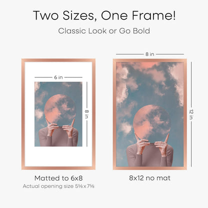 Homeforia 8x12 Picture Frame Rose Gold, High End Metal 8 x 12 Poster Frames with Mat 6 by 8 Photo