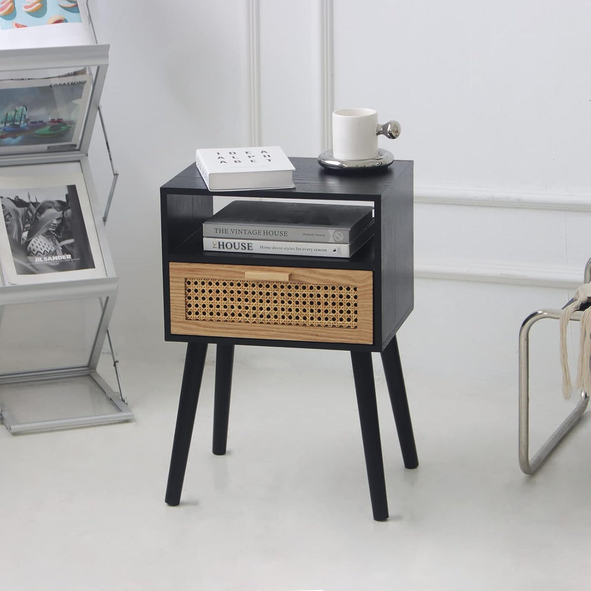 MaxSmeo Mid Century Modern Nightstand with Charging Station, Bedside Tables with Rattan Drawer
