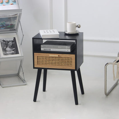 MaxSmeo Mid Century Modern Nightstand with Charging Station, Bedside Tables with Rattan Drawer