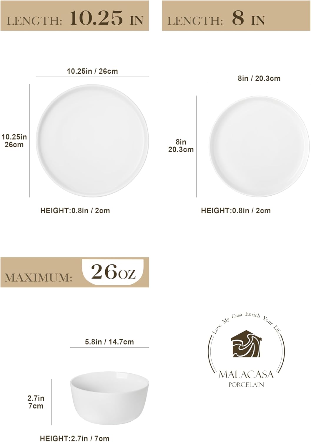 MALACASA 18 Pieces Gourmet Porcelain Dinnerware Sets, Premium Plates and Bowls Set, High-Fired