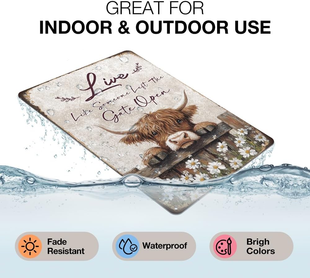 Heuhuww Vintage Highland Cow Decor-Live like Someone Left the Gate Open Tin Sign Farmhouse Wall Art