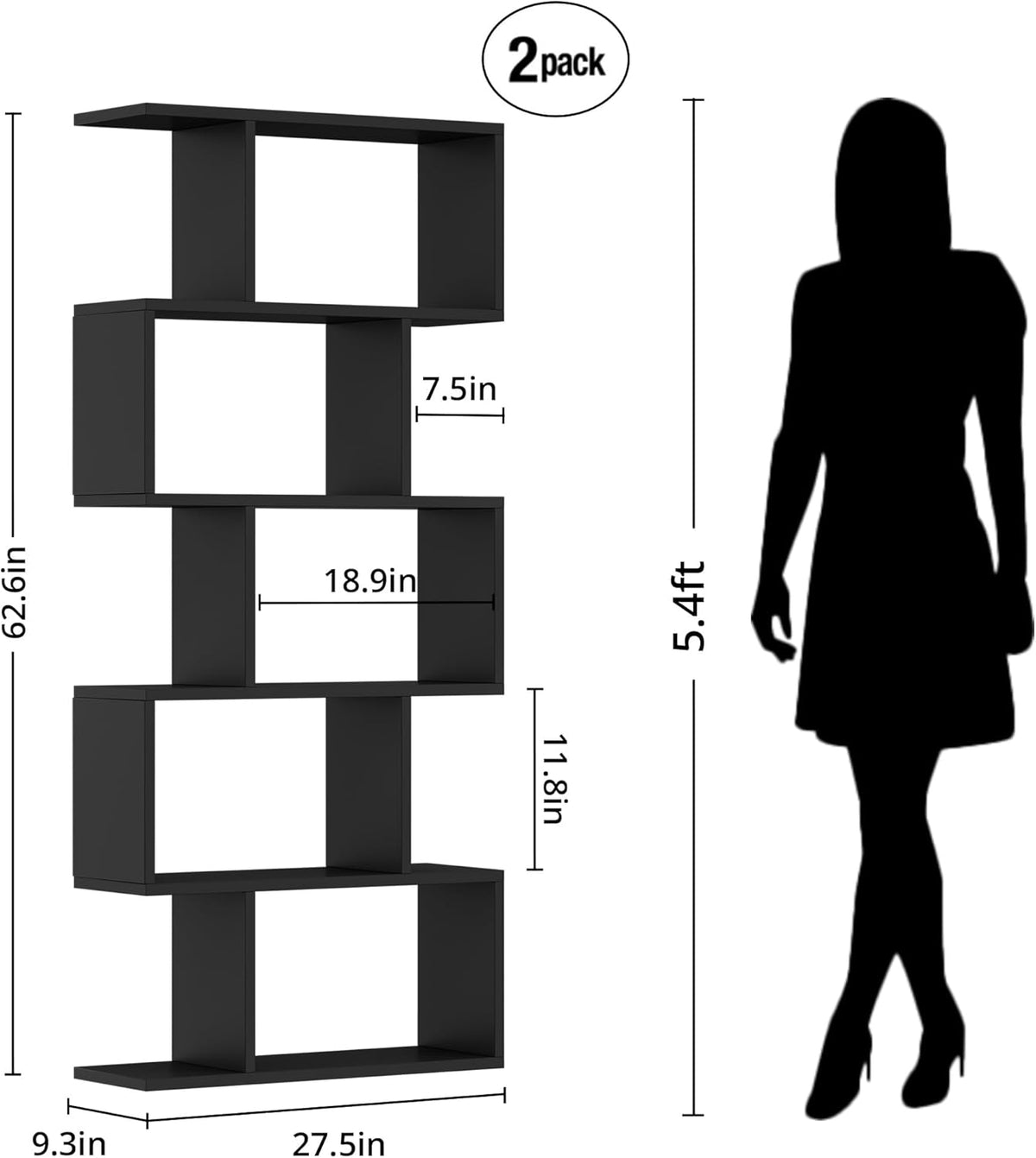 Black 5-Tier Geometric Bookcase, S-Shaped Modern Bookshelf Set of 2, 62.6" Tall Room Divider Book