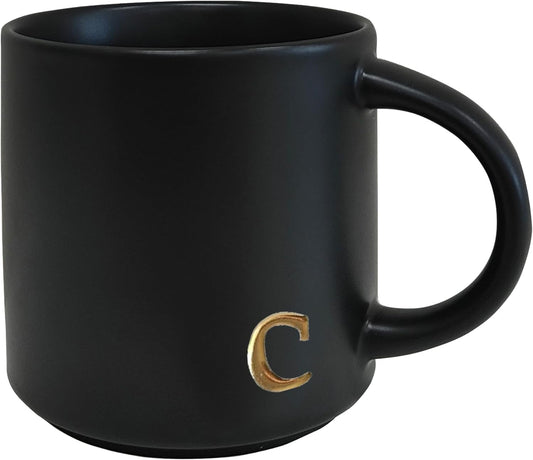 COLLECTIVE HOME - Black Monogram Ceramic Mugs, 15 oz Golden Initial Coffee Cups, Elegant Alphabet