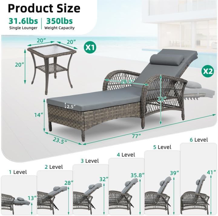 VIVIJASON 3 Pieces Outdoor Wicker Chaise Lounge Chair Set, All-Weather PE Rattan Cushioned Patio