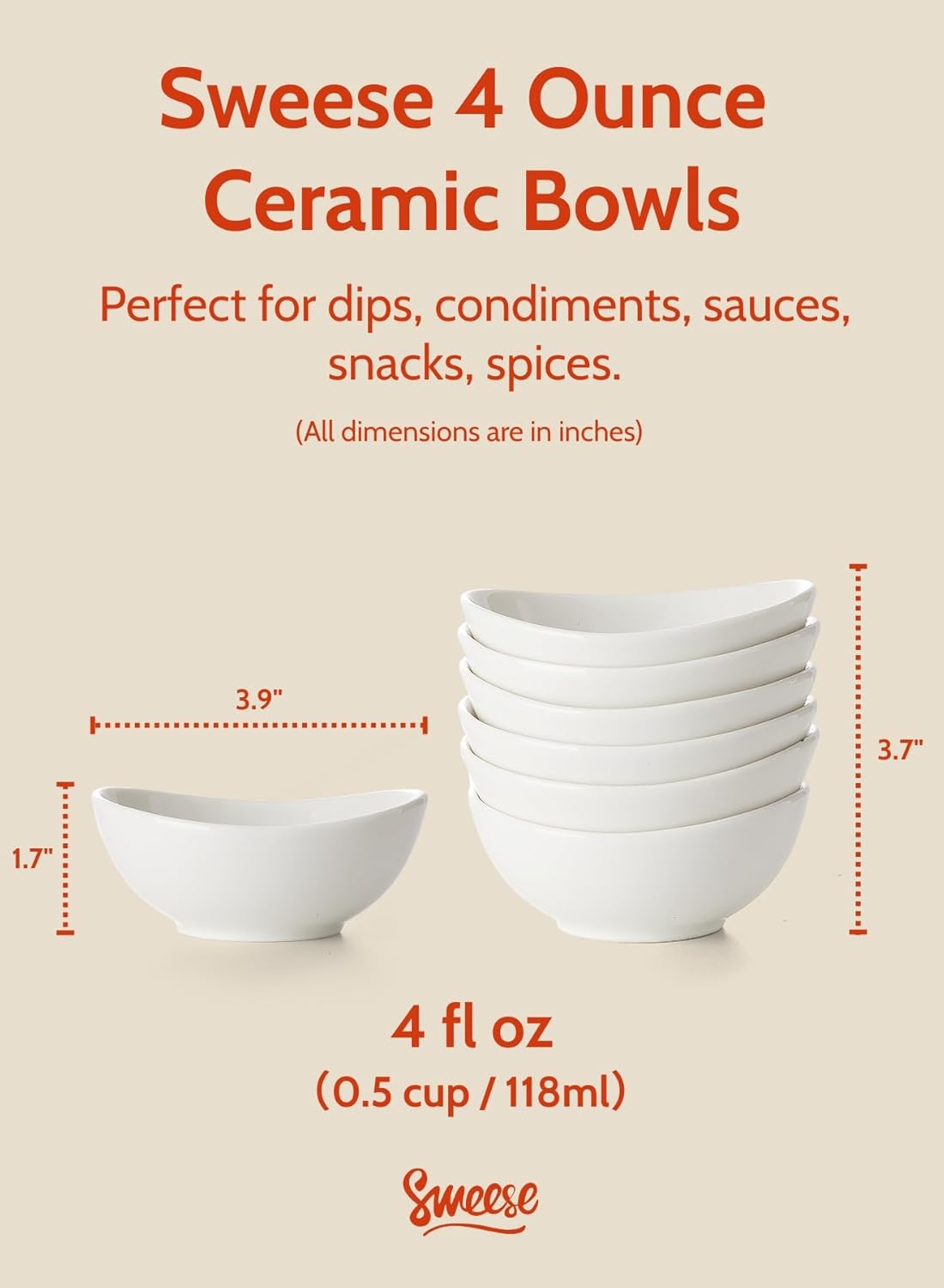 Sweese 4 oz Porcelain Bowls Set of 6 - White, Small Dipping/Snack/Sauce/Condiment Dish - Microwave